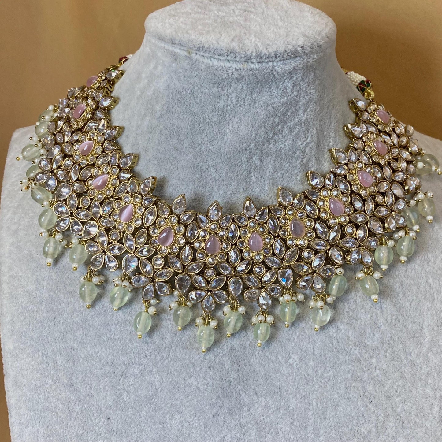 Pink & Mint Indian Bridal Set Clear Stonework/ Pink Bridal Jewels/Mint Bridal Set/Clear Bridal Set