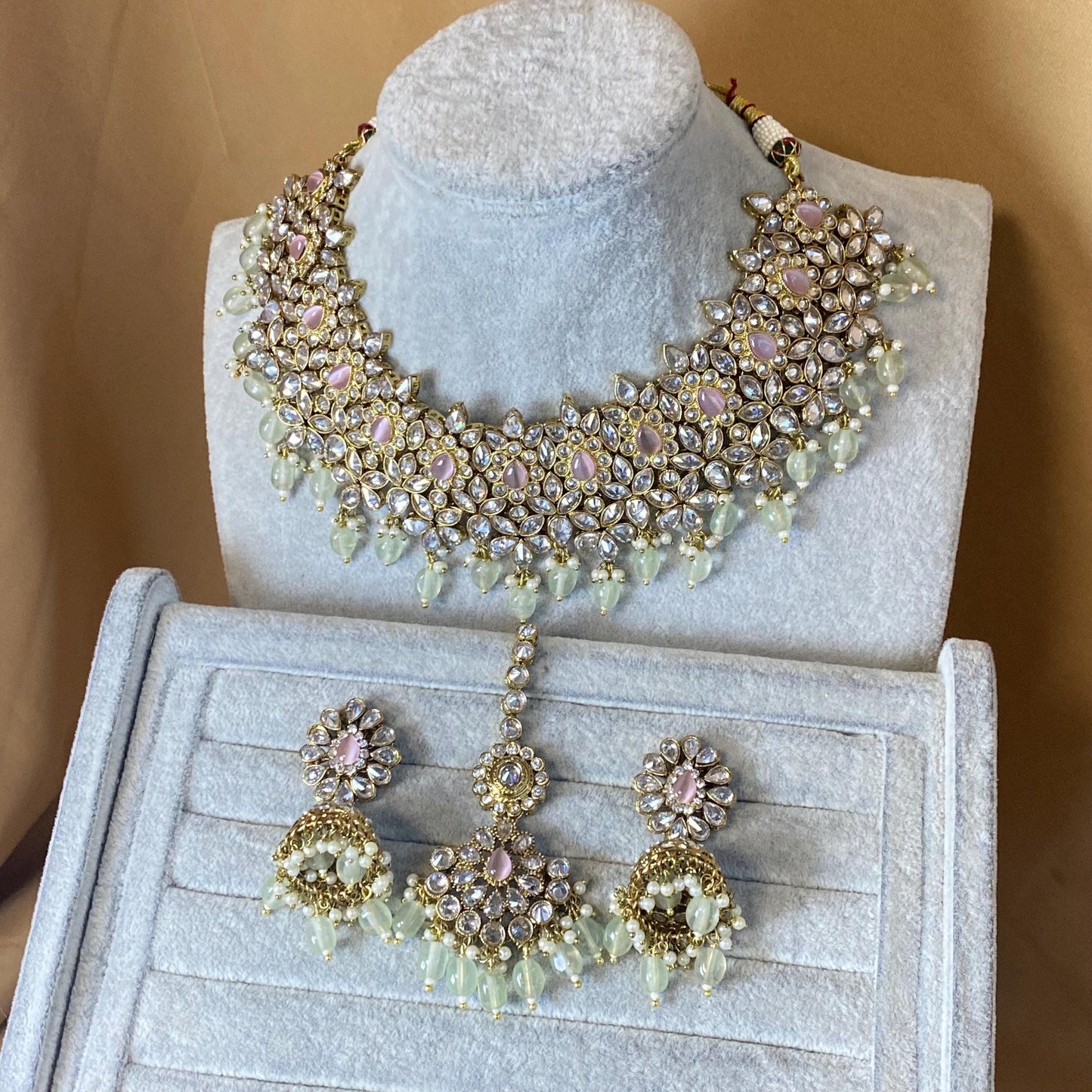 Pink & Mint Indian Bridal Set Clear Stonework/ Pink Bridal Jewels/Mint Bridal Set/Clear Bridal Set