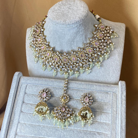 Pink & Mint Indian Bridal Set Clear Stonework/ Pink Bridal Jewels/Mint Bridal Set/Clear Bridal Set
