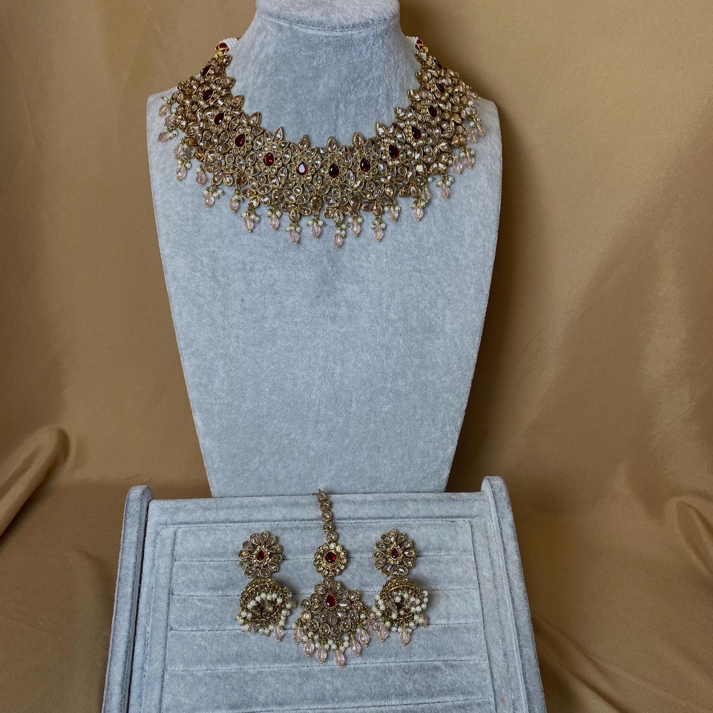 Maroon Bridal Choker Necklace set with Earring, Tikka and Jhumar Indian/ Pakistani Style/ Wedding/ Antique Gold/ Champagne Crystals