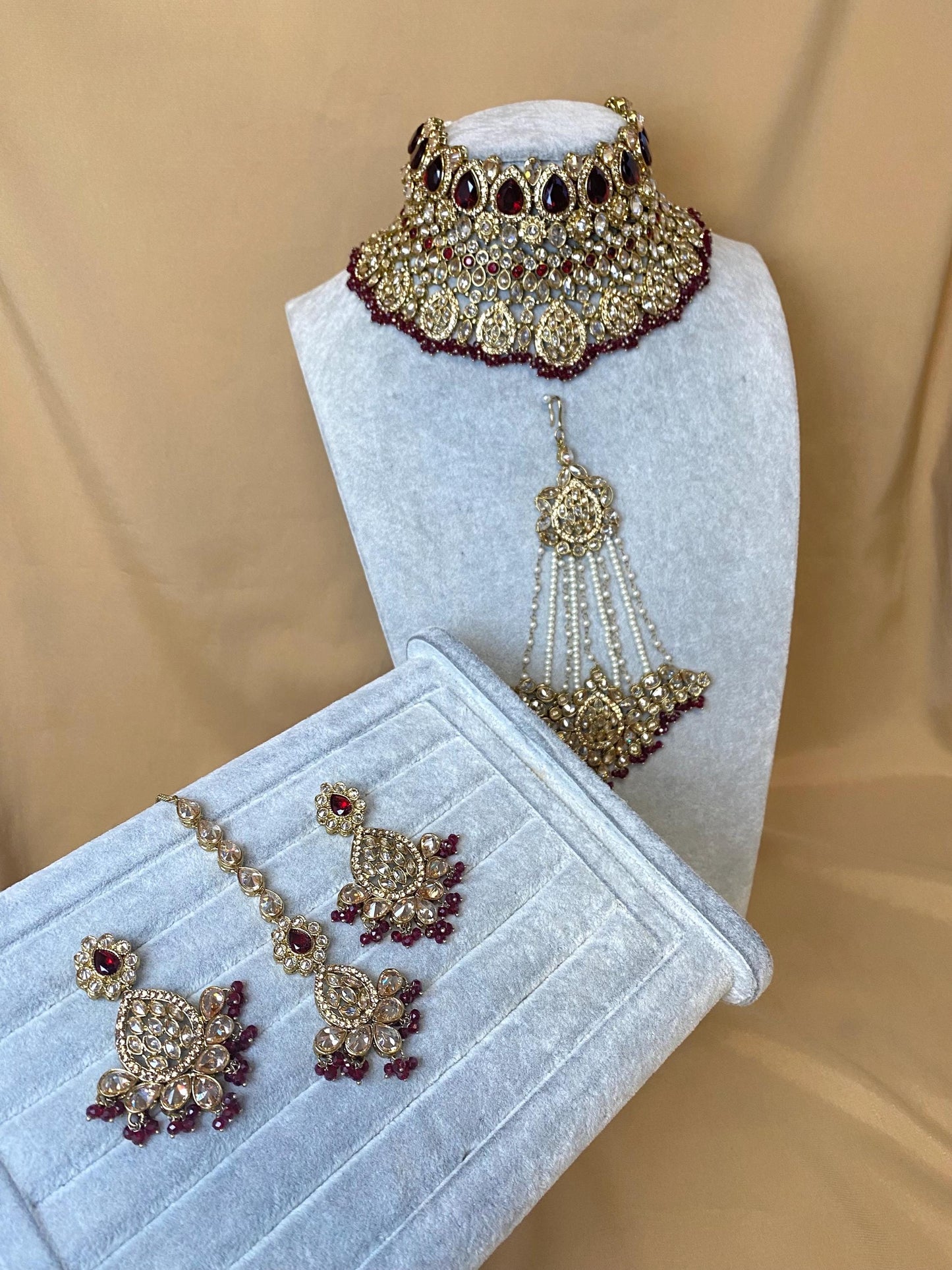 Maroon Bridal Choker Necklace set with Earring, Tikka and Jhumar Indian/ Pakistani Style/ Wedding/ Antique Gold/ Champagne Crystals