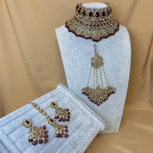 Maroon Bridal Choker Necklace set with Earring, Tikka and Jhumar Indian/ Pakistani Style/ Wedding/ Antique Gold/ Champagne Crystals