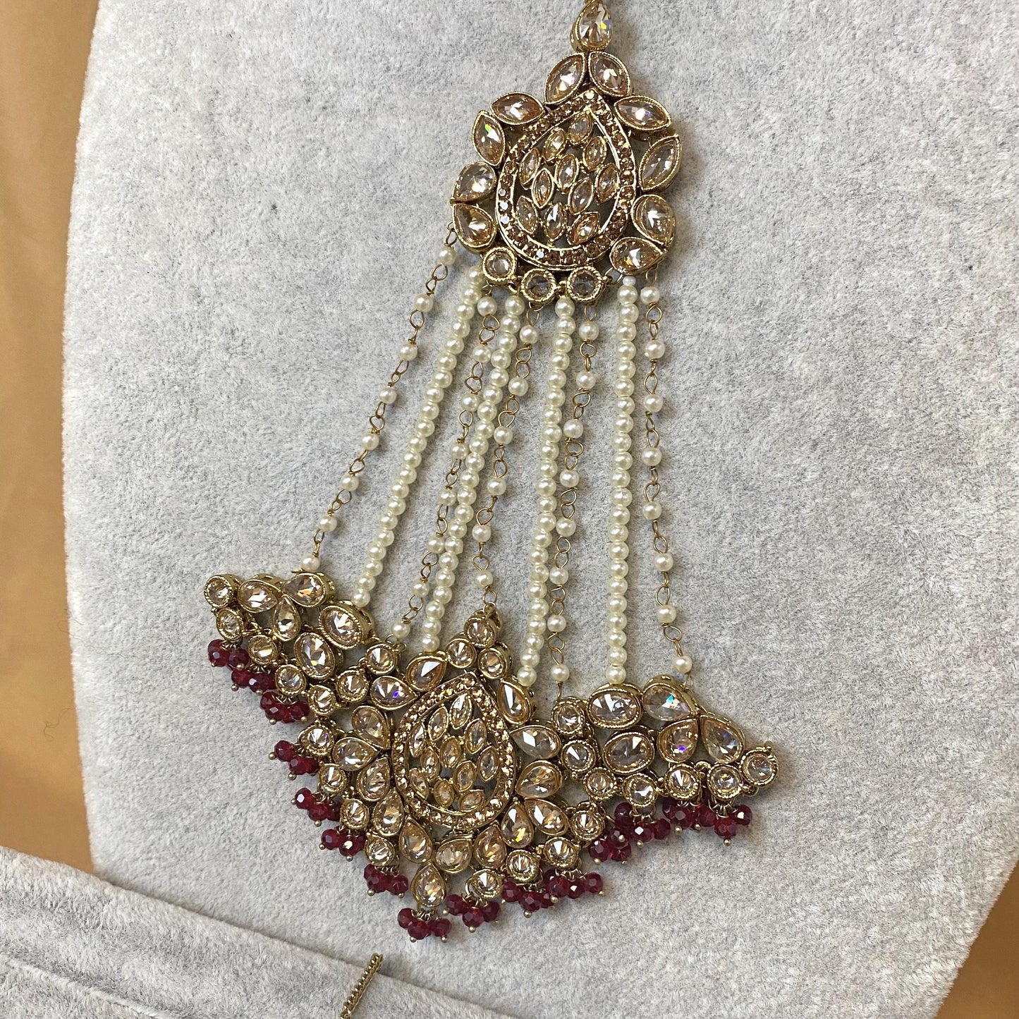 Maroon Bridal Choker Necklace set with Earring, Tikka and Jhumar Indian/ Pakistani Style/ Wedding/ Antique Gold/ Champagne Crystals