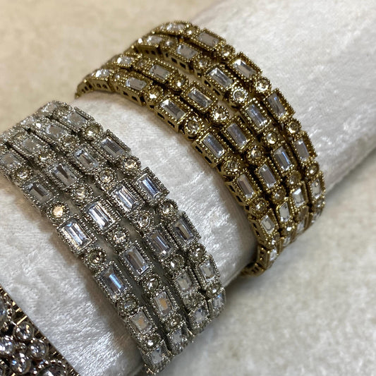 Set of 4 Antique Gold or Silver Rhinestone Mirror Design Handmade Bangle in 2.4/Indian Pakistani Jewellery Fashion Bangles