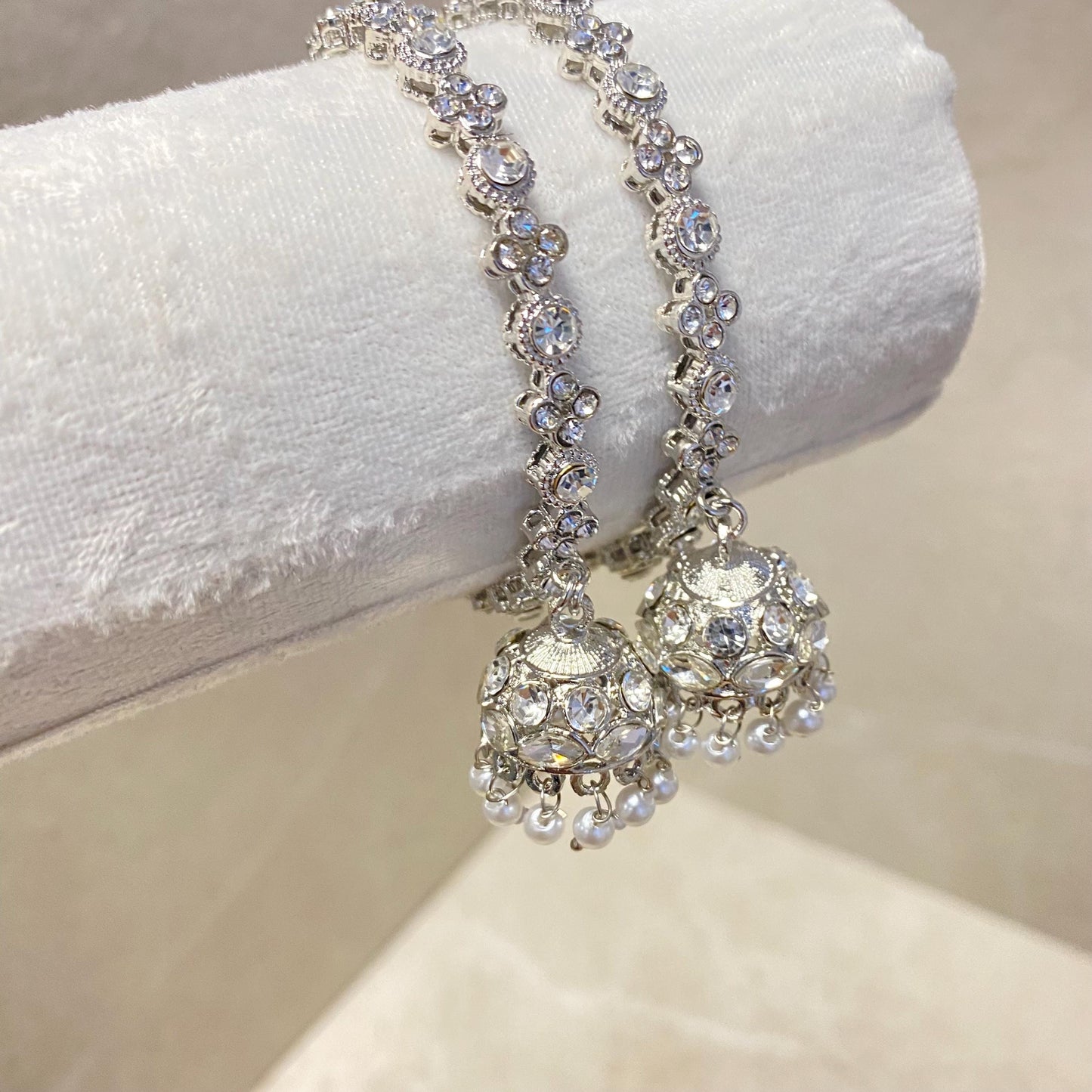 Silver Jhumka Bangles (Pair)/Indian/ Pakistani/Jewelley/ Fashion Bracelet/ 2.4 Rhinestone Lightweight /Gift