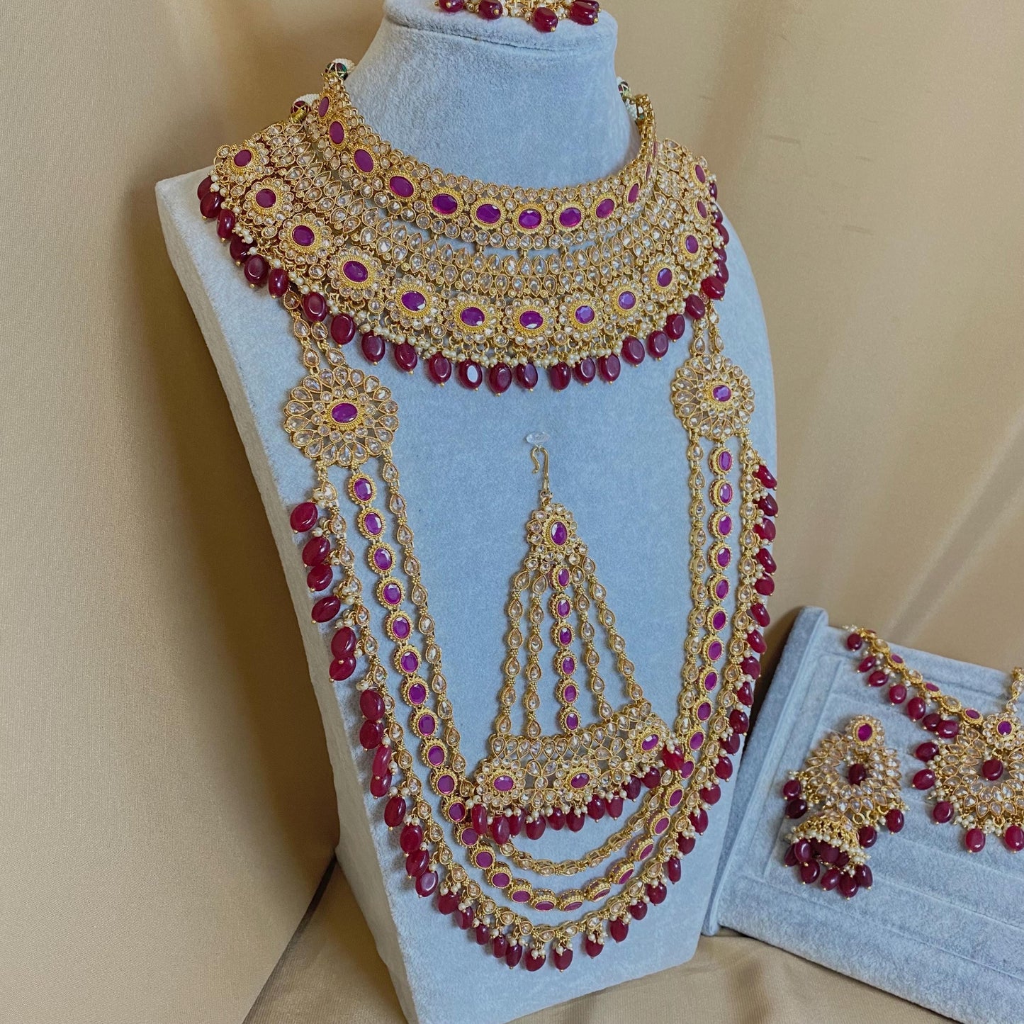 Ruby/ Maroon/Dark Purple Gold Rhinestone Necklace Set Earring and Tikka/  Indian/ Pakistani/Fashion Jewellery/ Gift for Women/ Diwali/ Eid/