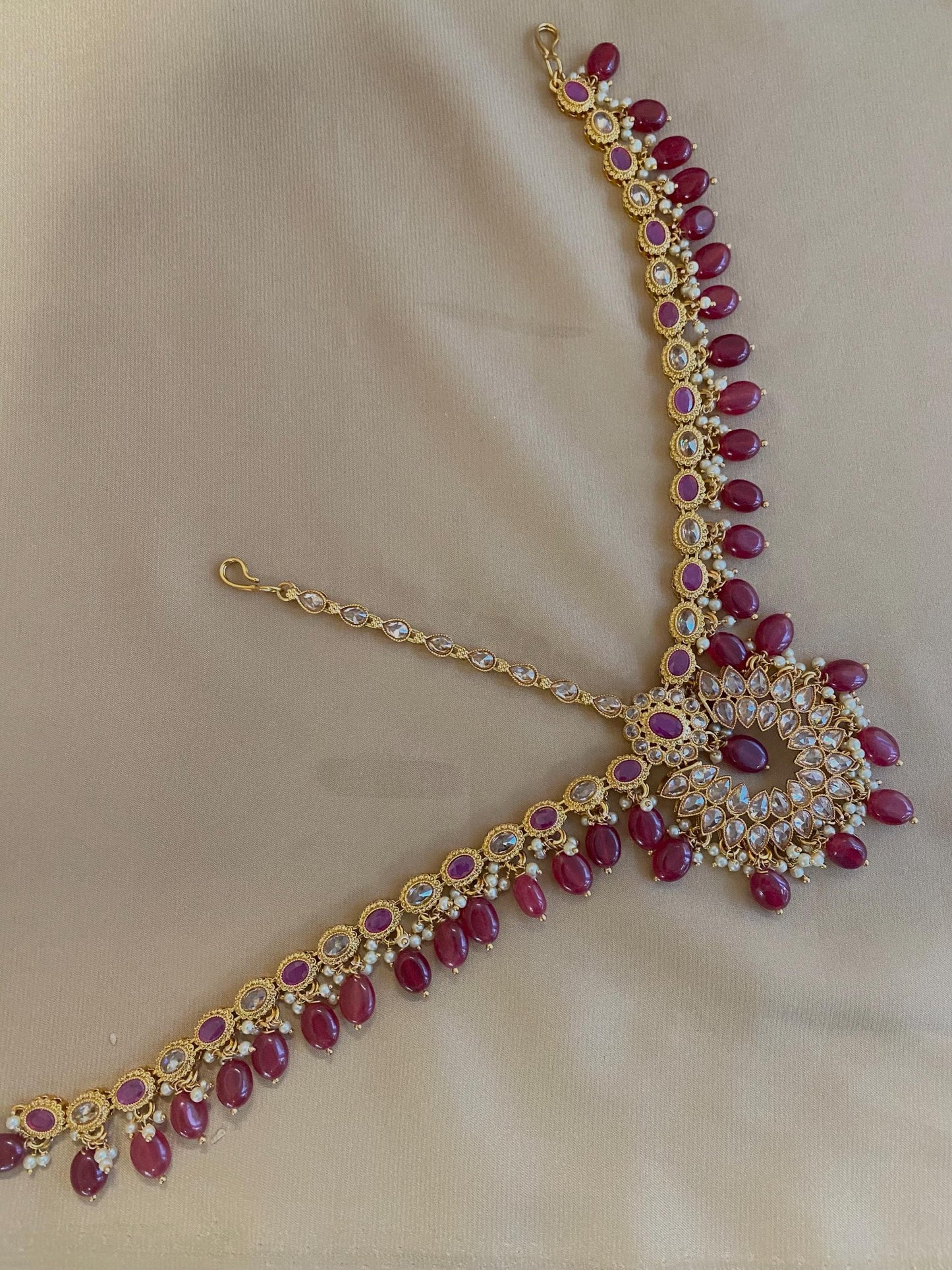 Ruby/ Maroon/Dark Purple Gold Rhinestone Necklace Set Earring and Tikka/  Indian/ Pakistani/Fashion Jewellery/ Gift for Women/ Diwali/ Eid/