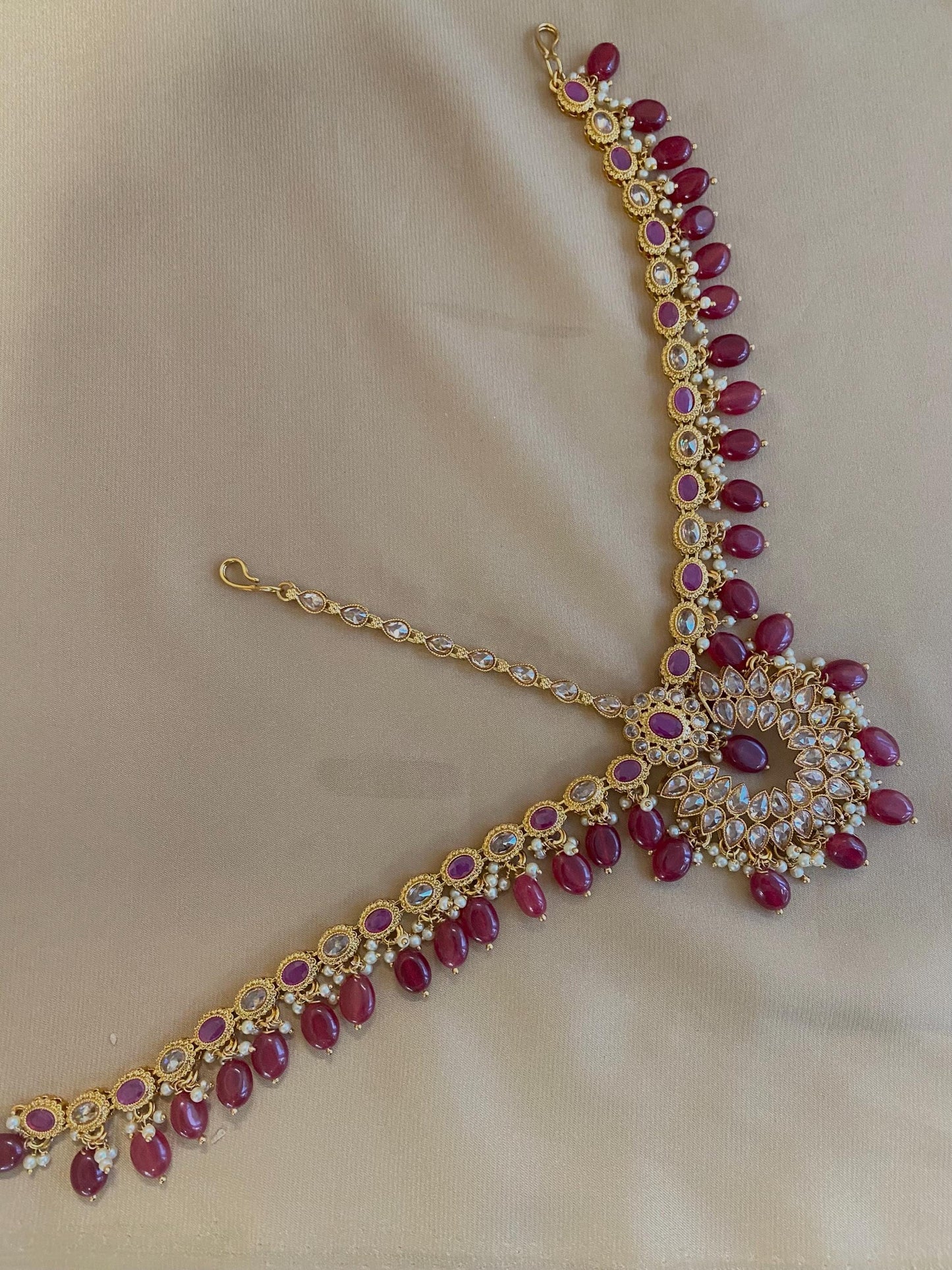 Ruby/ Maroon/Dark Purple Gold Rhinestone Necklace Set Earring and Tikka/  Indian/ Pakistani/Fashion Jewellery/ Gift for Women/ Diwali/ Eid/