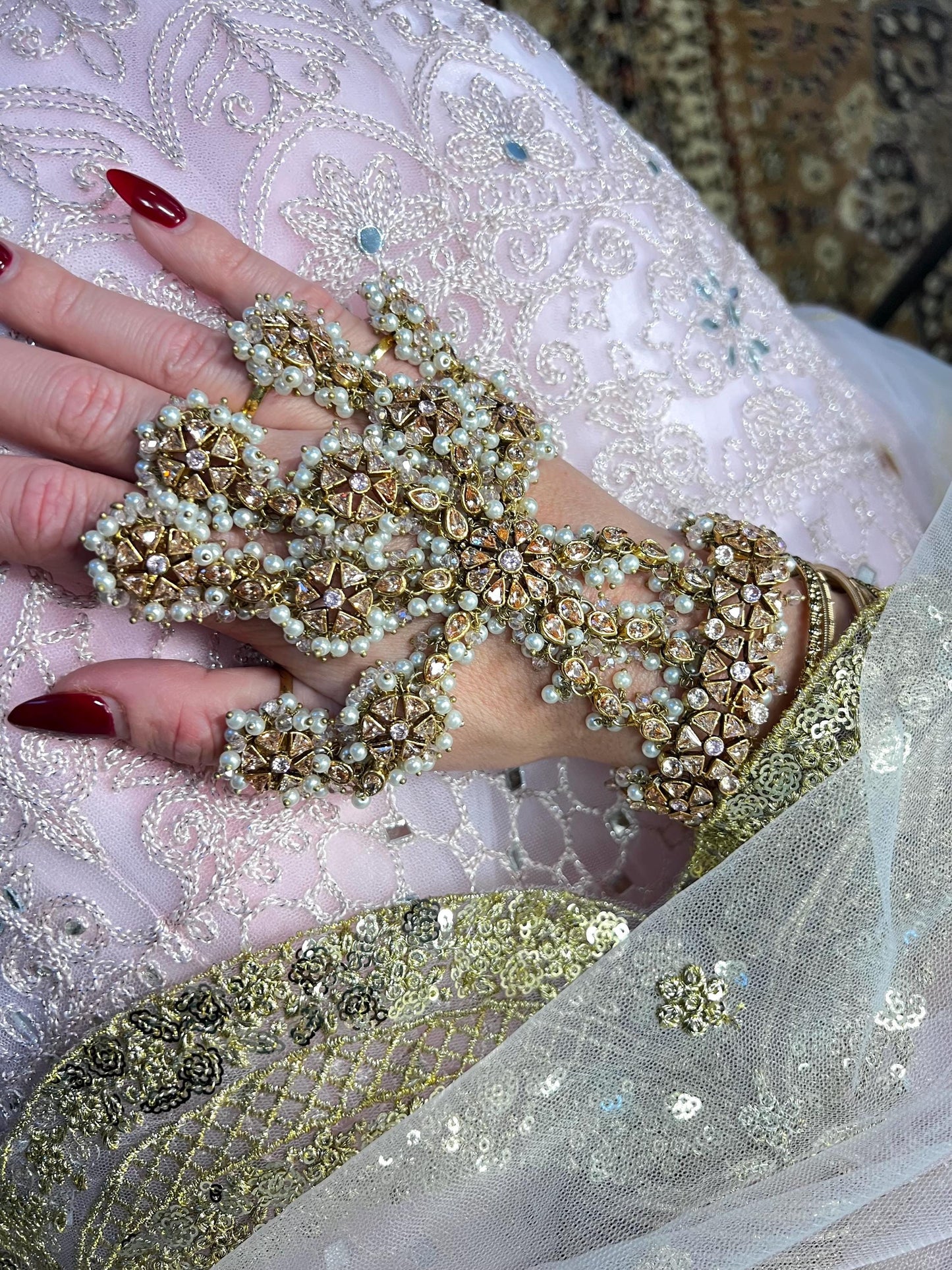 Pink/Goldplated 5 Ring Hand Harness/ Hathpool/Fashion Jewellery/Gold Hathpool/Indian/Pakistani style /Haathphool/Hand Accessory