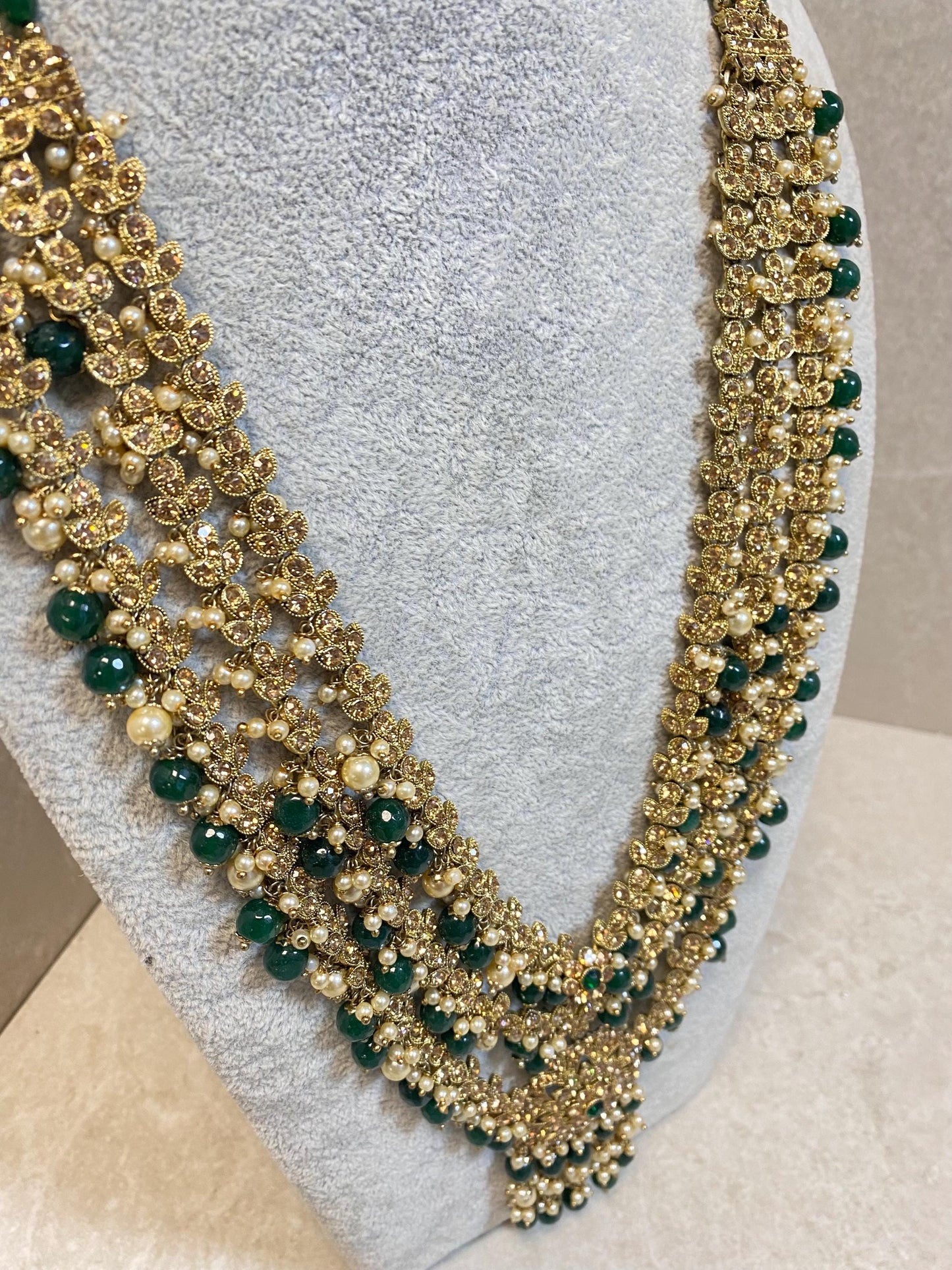 Green with Golden rhinestone Long Mala/ Haar/ Long Necklace/ Unique Style/ Indian/ Pakistani/Fashion Jewellery/ Gift for Women