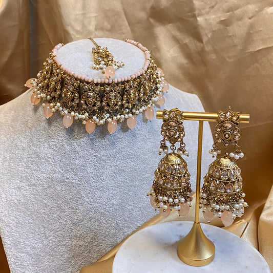 Peach Choker set Jhumka Earring/Small Tikka/ Tikli/ Indian/ Pakistani/Fashion Jewellery/ Gift for Women/ Pastel Jewellery