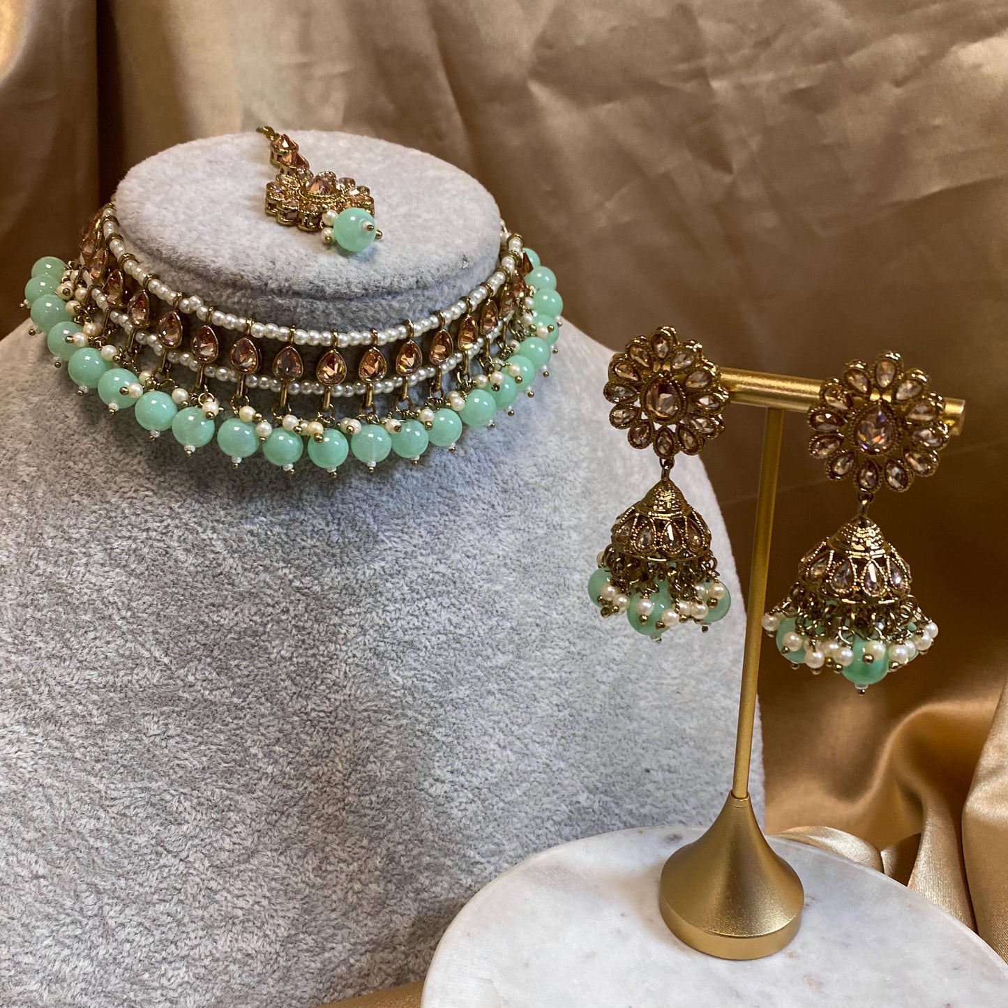 Crystal Choker Set - Mint Earring/ Tikka/ Tikli/ Indian/ Pakistani/Fashion Jewellery/ Gift for Women