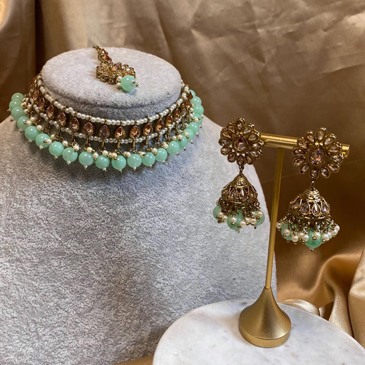 Crystal Choker Set - Mint Earring/ Tikka/ Tikli/ Indian/ Pakistani/Fashion Jewellery/ Gift for Women