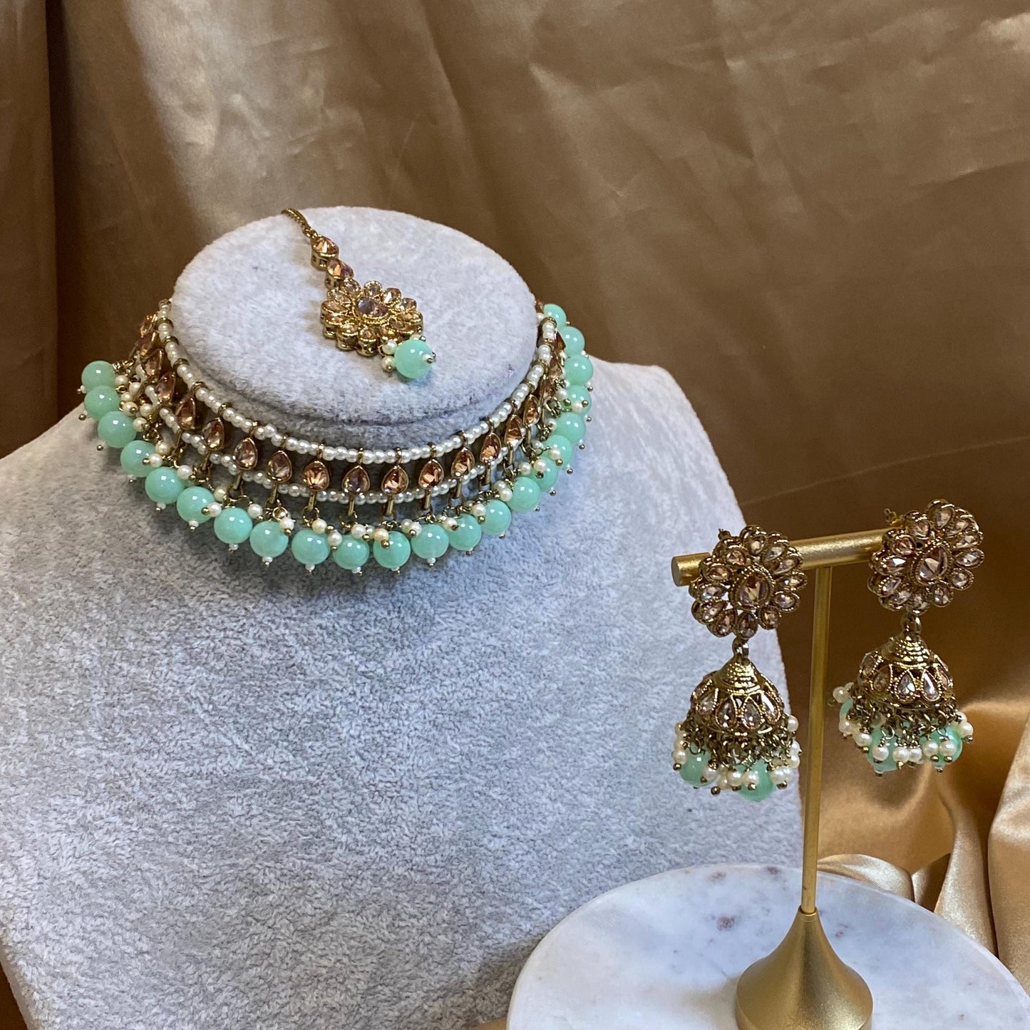 Crystal Choker Set - Mint Earring/ Tikka/ Tikli/ Indian/ Pakistani/Fashion Jewellery/ Gift for Women