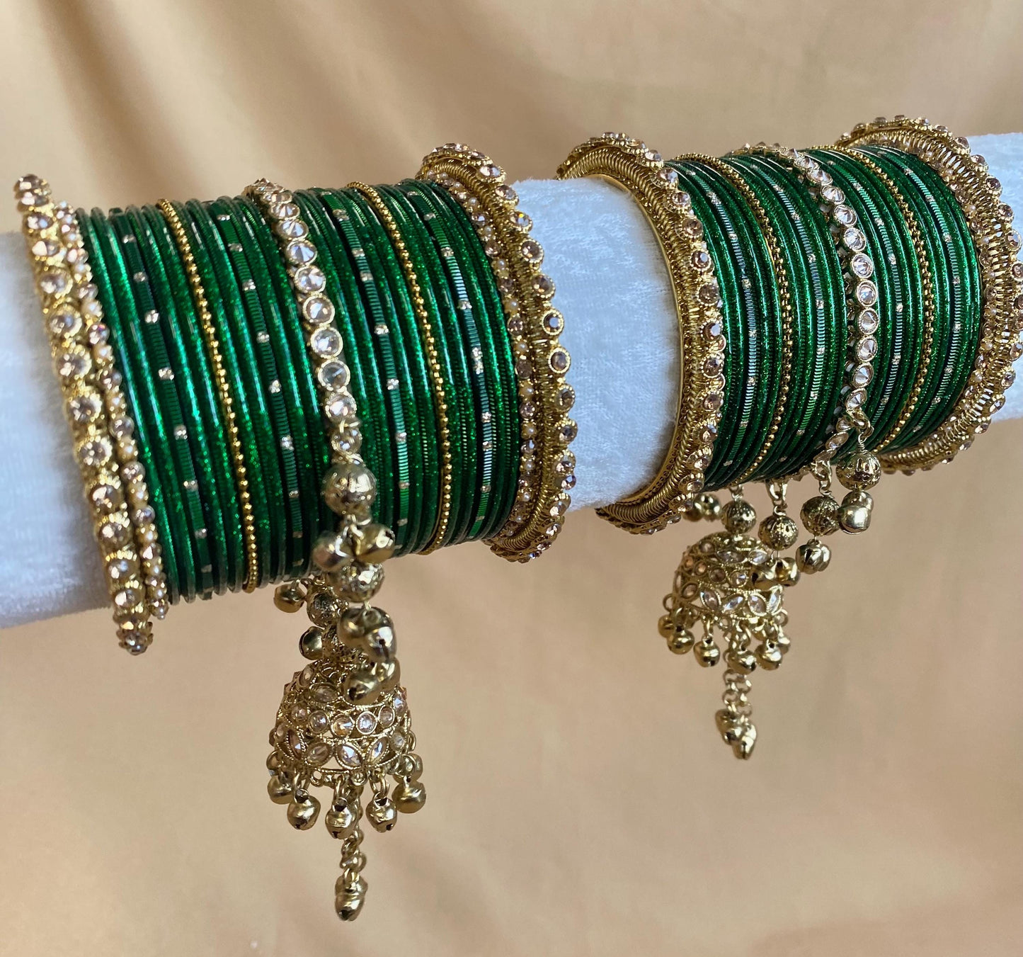 Midi Green Jhumka Bangle Set - Both Arms 2.6/ Bridal Green Bangle Set/ Antique Gold Kada & Jhumka Bangle Set/Bridal Jewellery