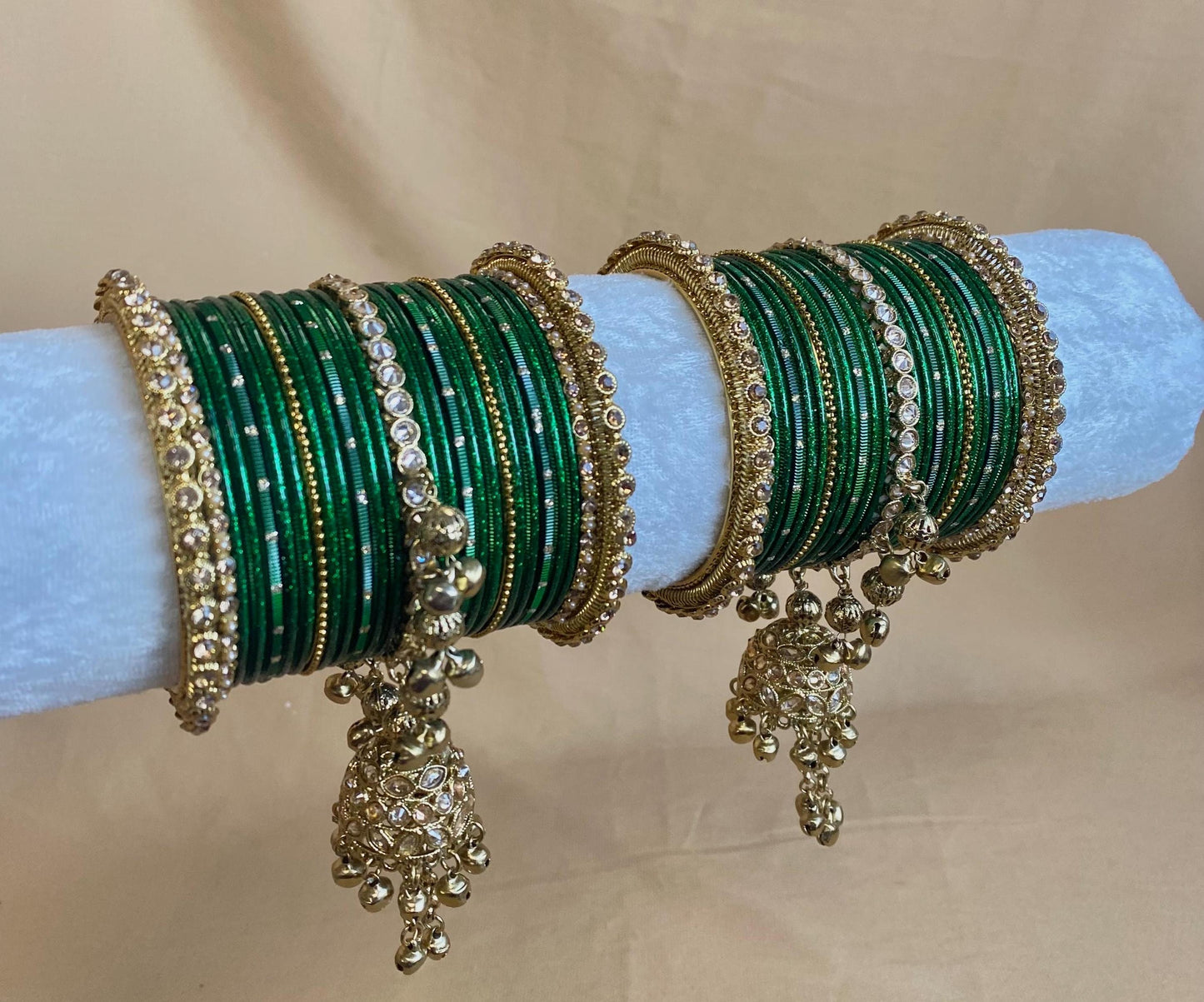 Midi Green Jhumka Bangle Set - Both Arms 2.6/ Bridal Green Bangle Set/ Antique Gold Kada & Jhumka Bangle Set/Bridal Jewellery