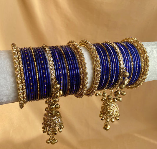 Midi Navy Jhumka Bangle Set - Both Arms 2.6/ Bridal Green Bangle Set/ Antique Gold Kada & Jhumka Bangle Set/Bridal Jewellery
