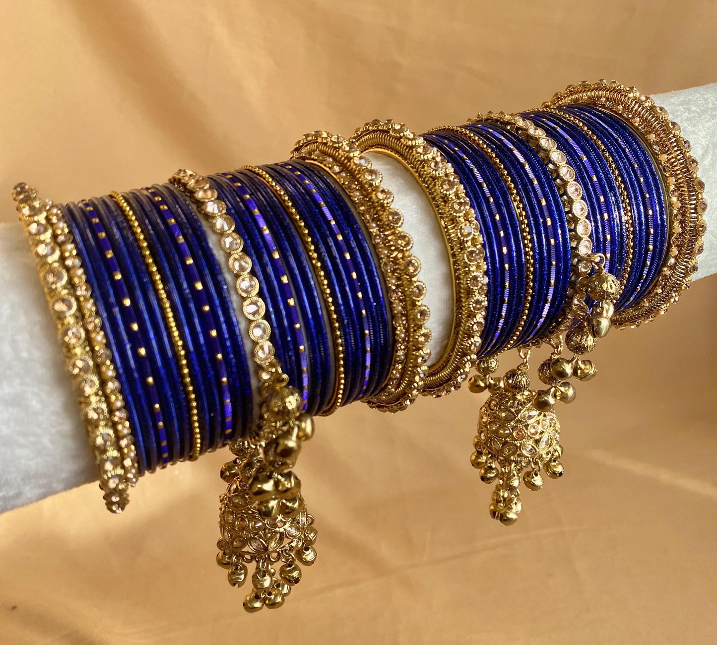 Midi Navy Jhumka Bangle Set - Both Arms 2.6/ Bridal Green Bangle Set/ Antique Gold Kada & Jhumka Bangle Set/Bridal Jewellery