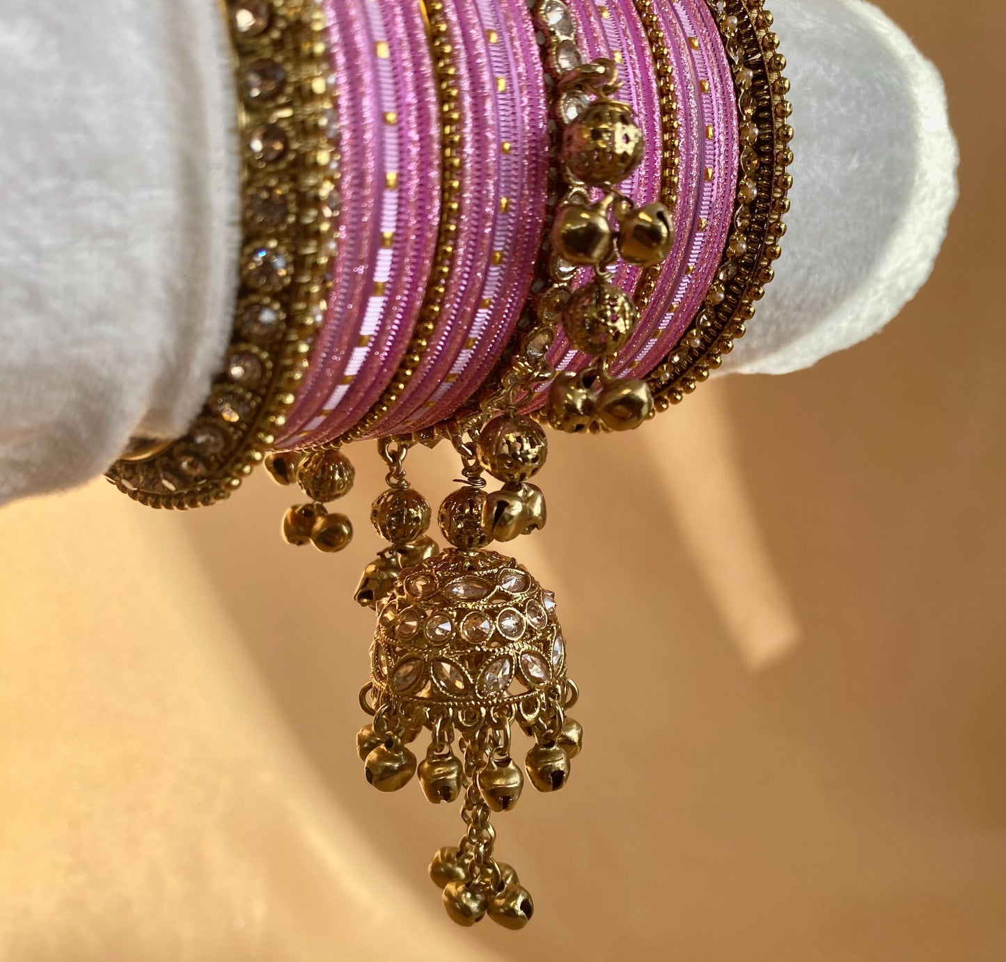 Midi Green Jhumka Bangle Set - Both Arms 2.6/ Bridal Green Bangle Set/ Antique Gold Kada & Jhumka Bangle Set/Bridal Jewellery