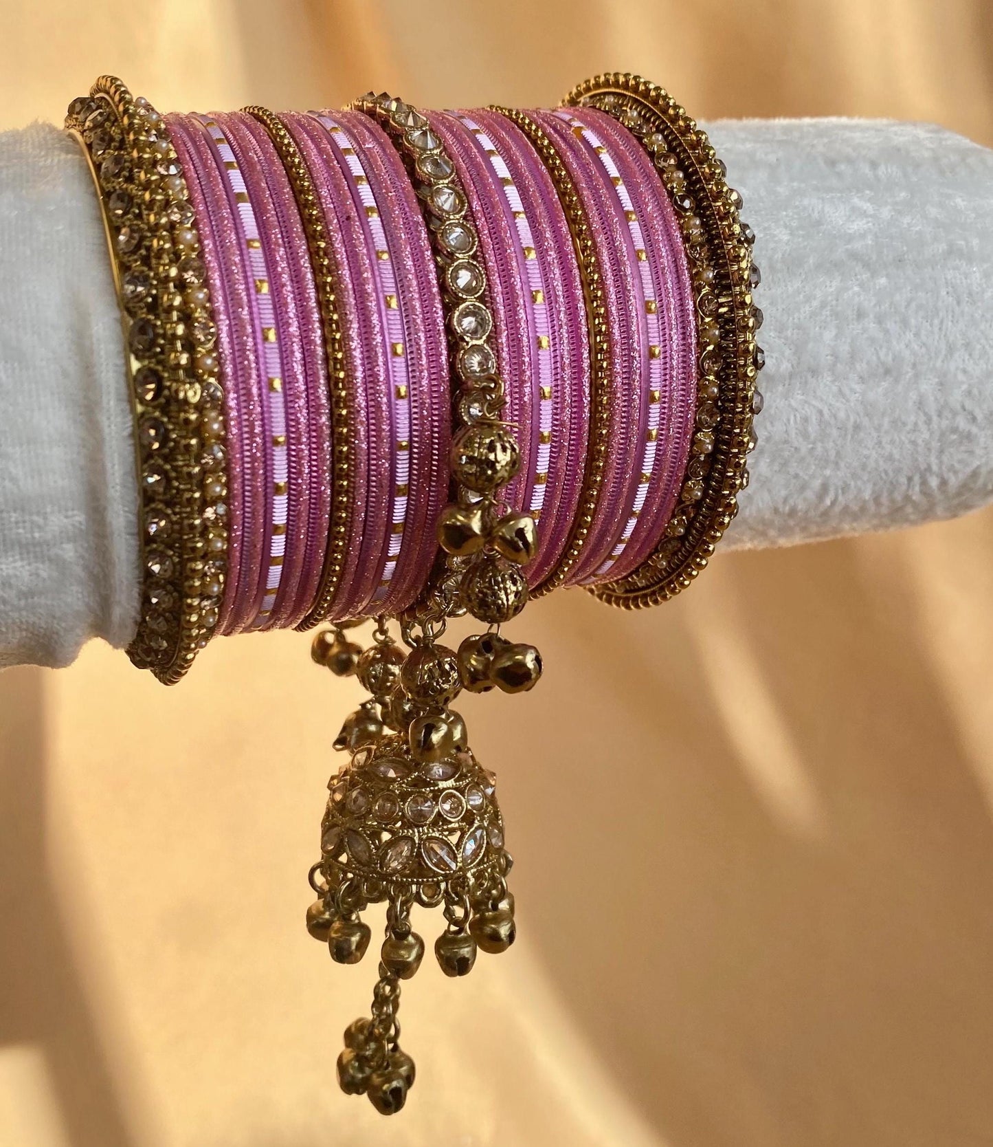 Midi Green Jhumka Bangle Set - Both Arms 2.6/ Bridal Green Bangle Set/ Antique Gold Kada & Jhumka Bangle Set/Bridal Jewellery