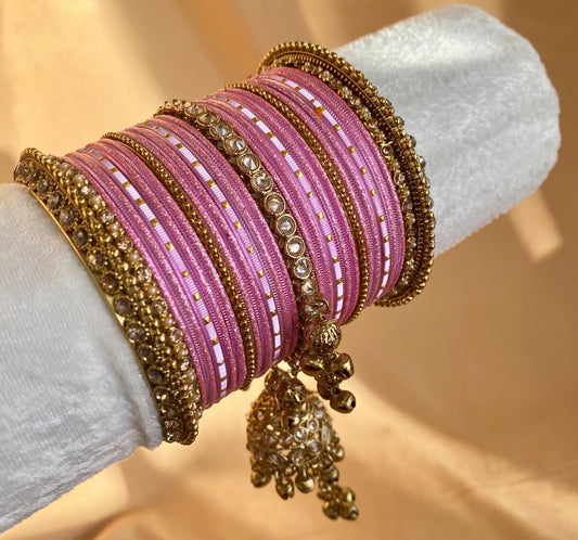 Midi Green Jhumka Bangle Set - Both Arms 2.6/ Bridal Green Bangle Set/ Antique Gold Kada & Jhumka Bangle Set/Bridal Jewellery