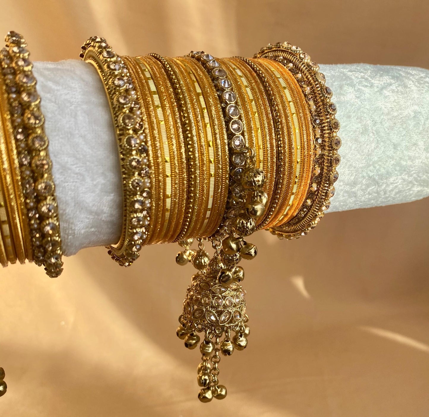 Midi Golden Jhumka Bangle Set - Both Arms 2.6/ Bridal Green Bangle Set/ Antique Gold Kada & Jhumka Bangle Set/Bridal Jewellery
