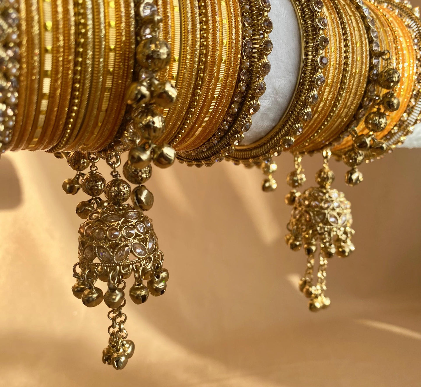 Midi Golden Jhumka Bangle Set - Both Arms 2.6/ Bridal Green Bangle Set/ Antique Gold Kada & Jhumka Bangle Set/Bridal Jewellery