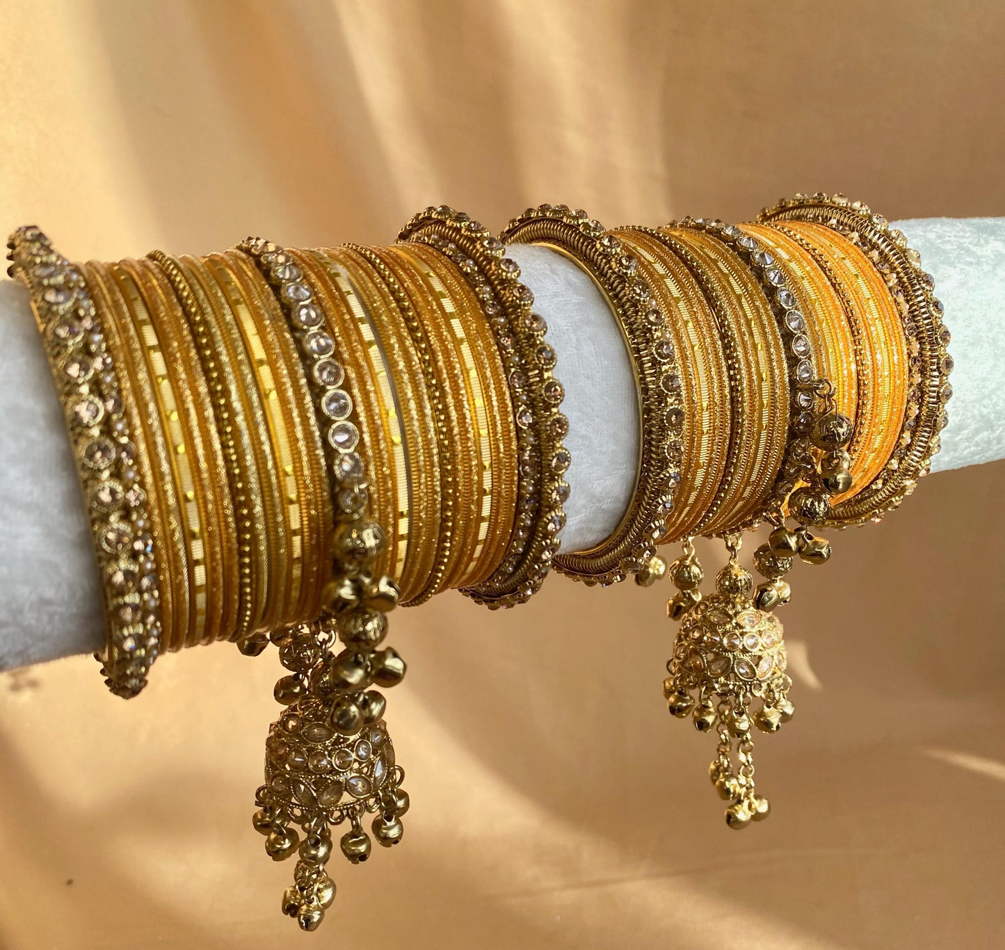 Midi Golden Jhumka Bangle Set - Both Arms 2.6/ Bridal Green Bangle Set/ Antique Gold Kada & Jhumka Bangle Set/Bridal Jewellery