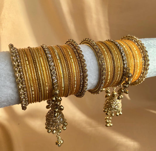 Midi Golden Jhumka Bangle Set - Both Arms 2.6/ Bridal Green Bangle Set/ Antique Gold Kada & Jhumka Bangle Set/Bridal Jewellery