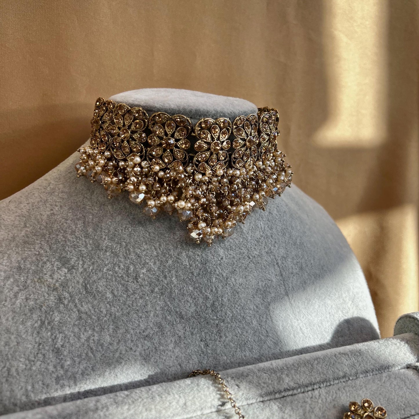 Golden Indian Choker Set/Golden Chokers/Gold Jhumkas/ Chamapagne Choker Set/ Pakistani/Fashion Jewellery/ Gift for Women