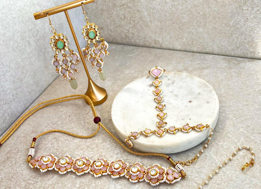 Pink Mint Real Kundan Choker Earring Hand Harness Set Indian Pakistani Bollywood Fashion Jewellery Gift High Quality Unique Style