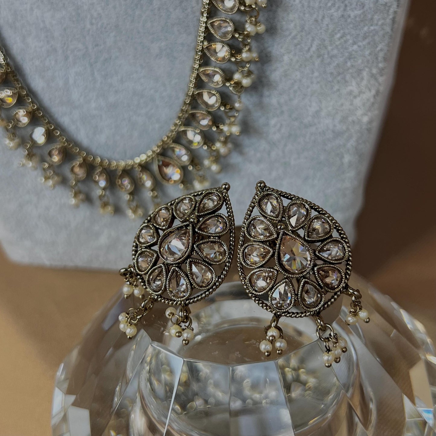 Champagne/ Pearl-Long Necklace and Earring set/Antique Gold with Zircon Crystal and Stud earring. No Tikka/ Pakistani/ Indian Fashion Set