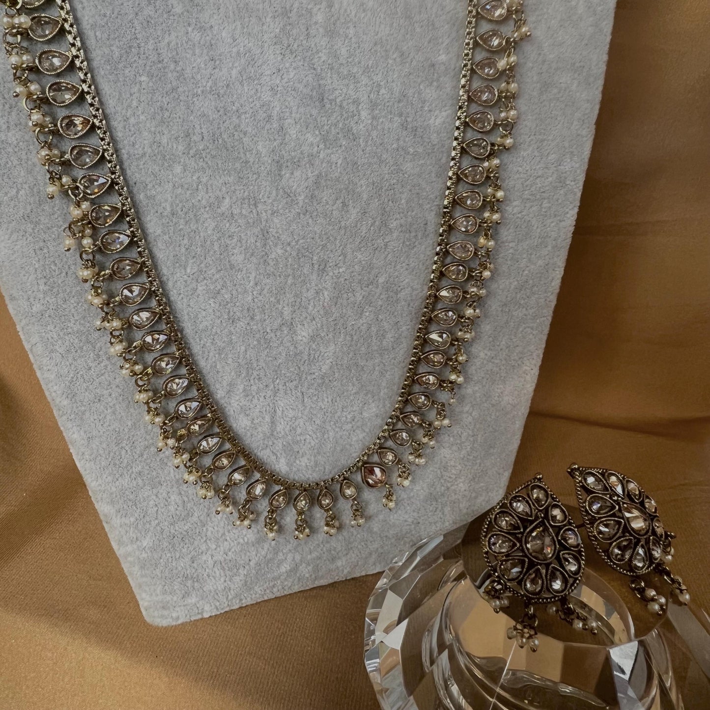 Champagne/ Pearl-Long Necklace and Earring set/Antique Gold with Zircon Crystal and Stud earring. No Tikka/ Pakistani/ Indian Fashion Set