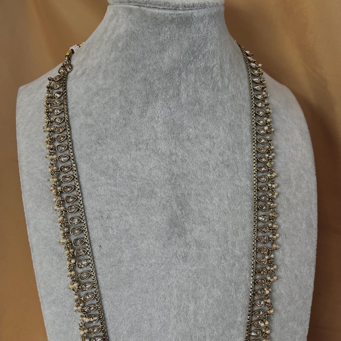 Champagne/ Pearl-Long Necklace and Earring set/Antique Gold with Zircon Crystal and Stud earring. No Tikka/ Pakistani/ Indian Fashion Set