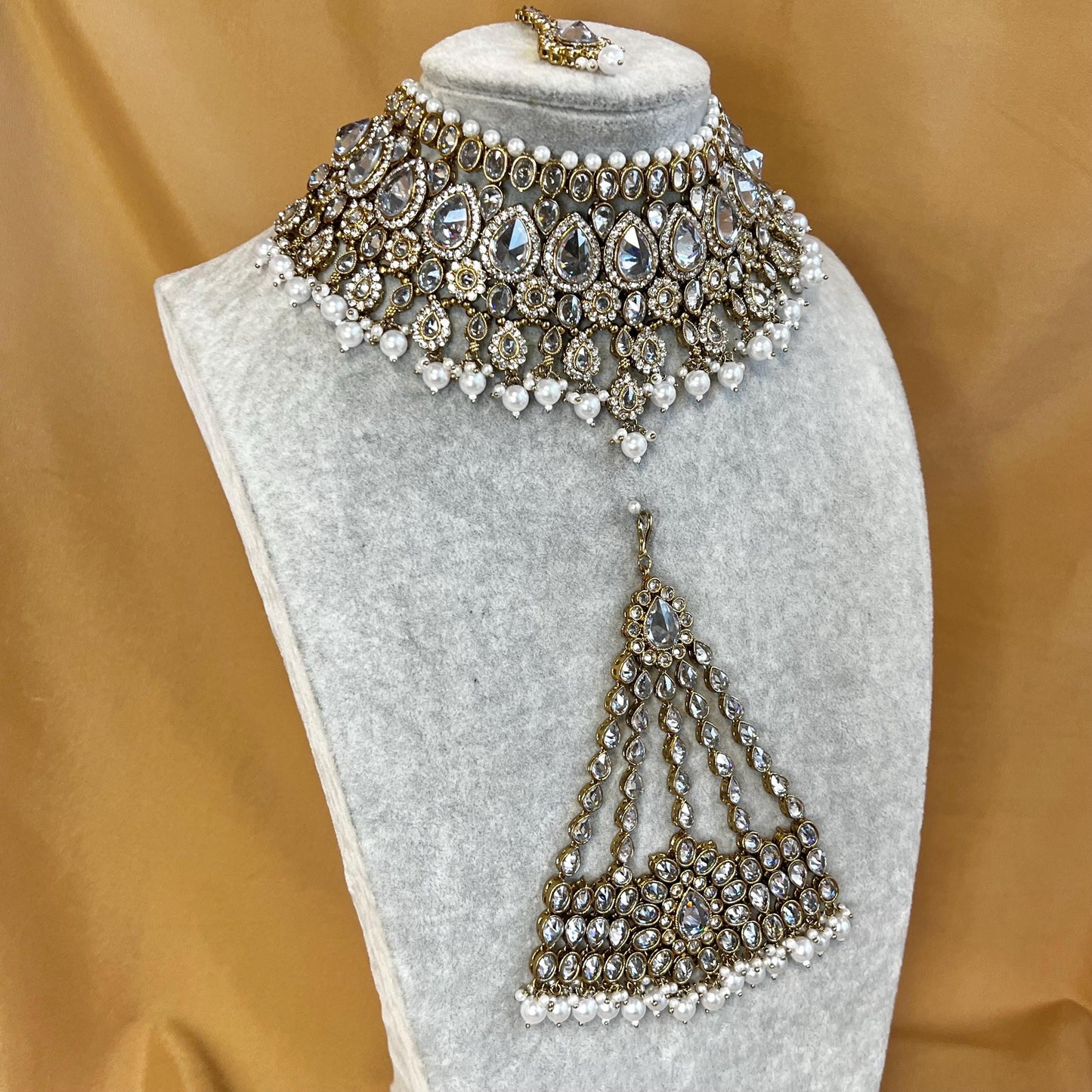 Bridal Clear Necklace Jhumar & Tikka - Antique Gold Base Clear Stonework/ White Bead Jewellery