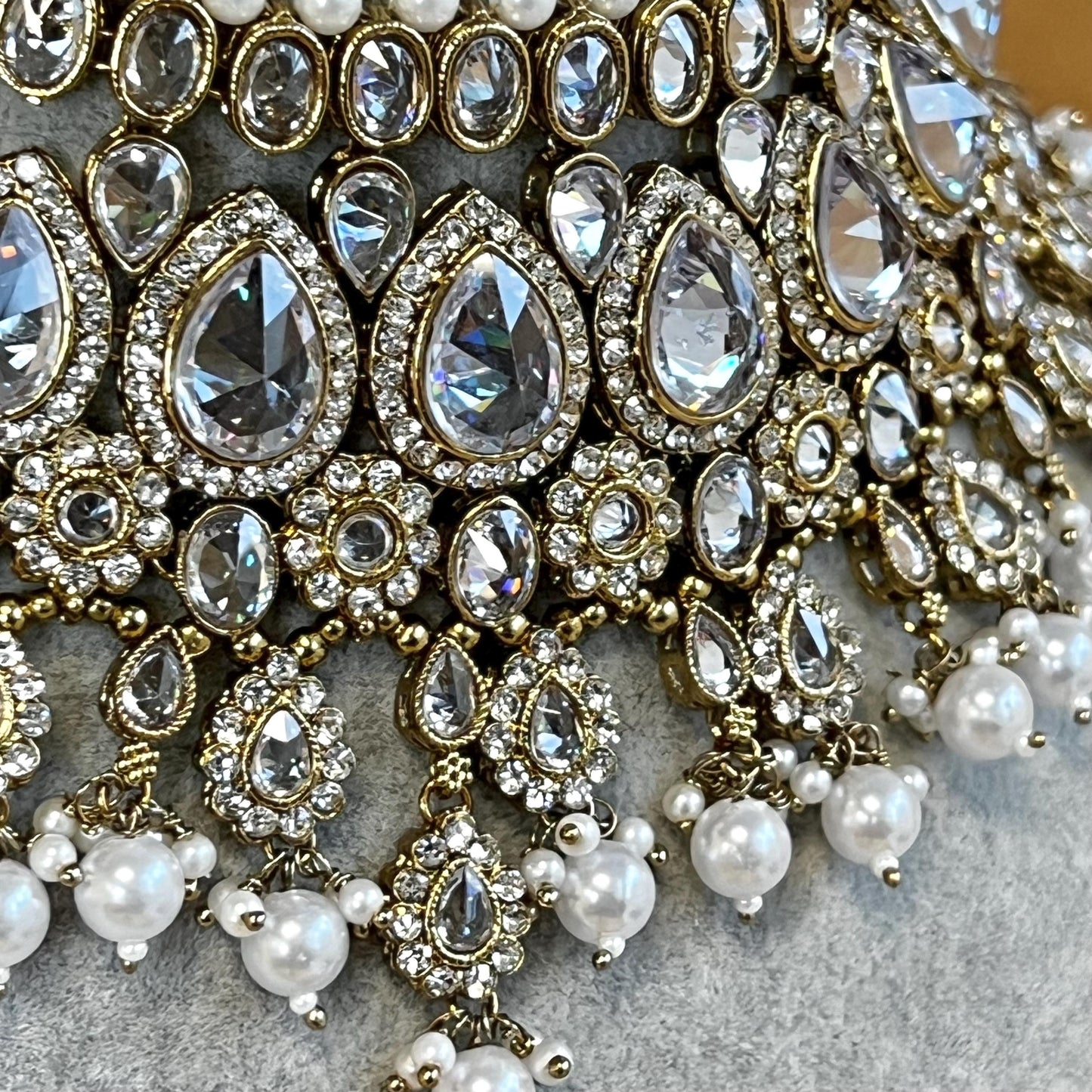 Bridal Clear Necklace Jhumar & Tikka - Antique Gold Base Clear Stonework/ White Bead Jewellery