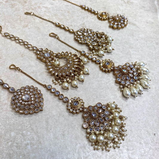 Selection of Antique Gold Clear Zircon Crystal Medium Tikka Maang Tikka Bindya High Quality Light Gold Head Piece Indian Pakistani Bollywood