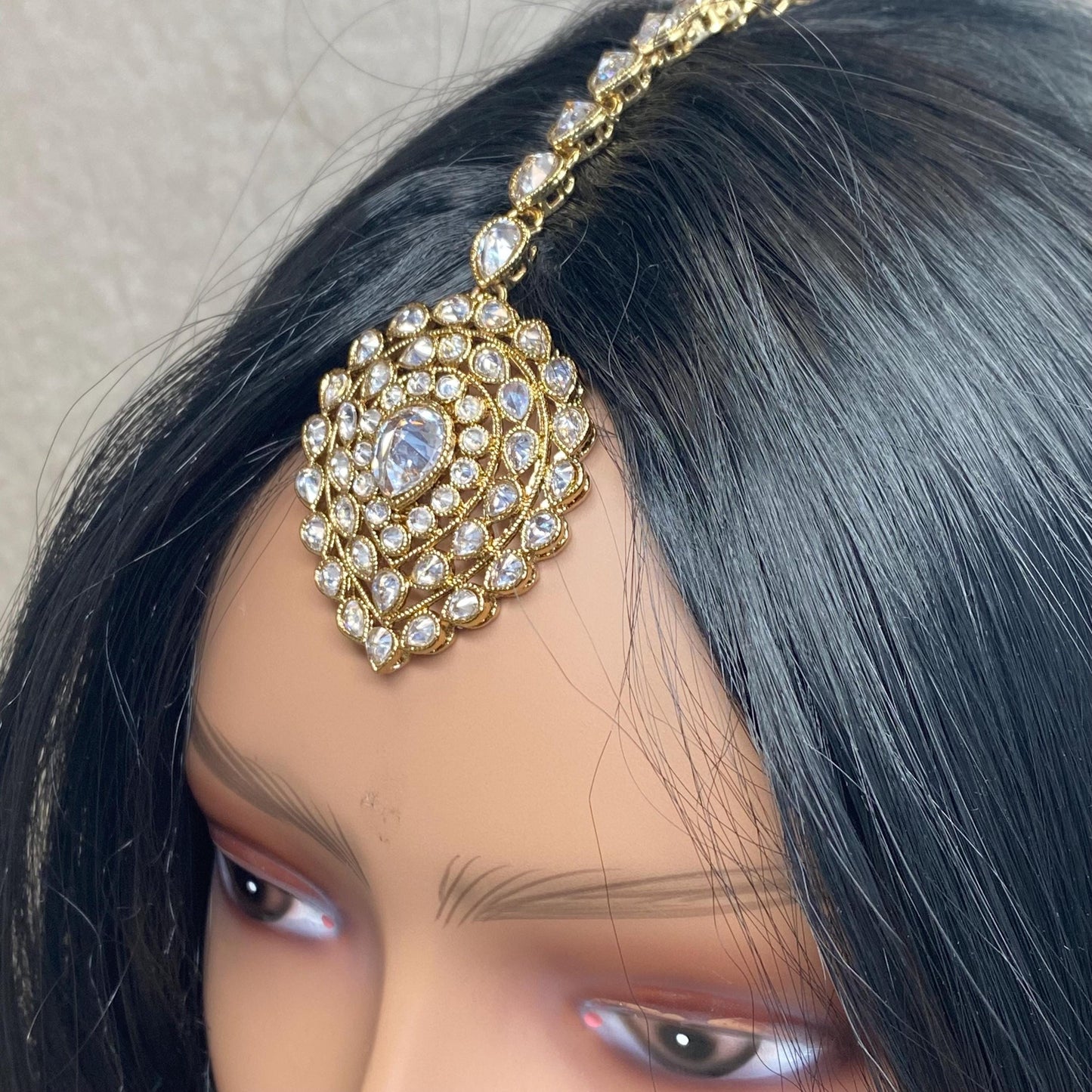 Selection of Antique Gold Clear Zircon Crystal Medium Tikka Maang Tikka Bindya High Quality Light Gold Head Piece Indian Pakistani Bollywood