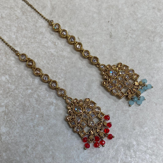 Extra Small Tikka Tikli Indian Pakistani Fashion Jewellery Maang Tikkas Antique Gold Champagne Zircon Crystal Red Or Blue 1 inch