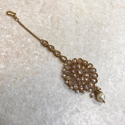 Antique Gold Champagne Zircon Crystal Pearl Maang Tikka Bindya Medium Size Indian Pakistani Bollywood Headpiece Fashion Jewellery Gift