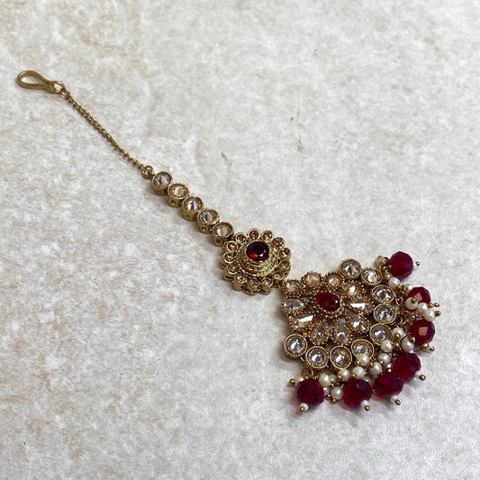 Maroon Antique Gold Champagne Zircon Crystal Pearl Maang Tikka Bindya Medium Size Indian Pakistani Bollywood Headpiece Fashion Jewellery
