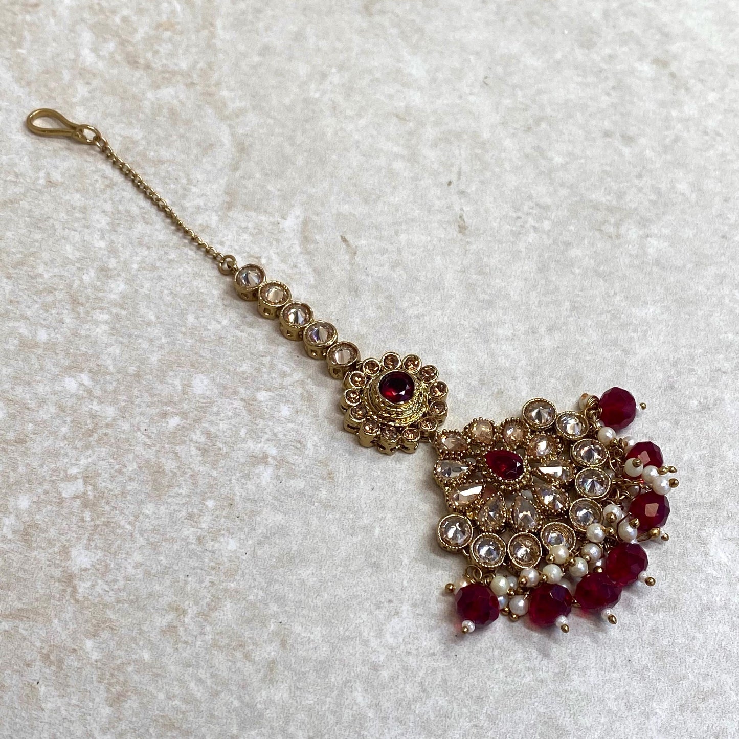 Maroon Antique Gold Champagne Zircon Crystal Pearl Maang Tikka Bindya Medium Size Indian Pakistani Bollywood Headpiece Fashion Jewellery
