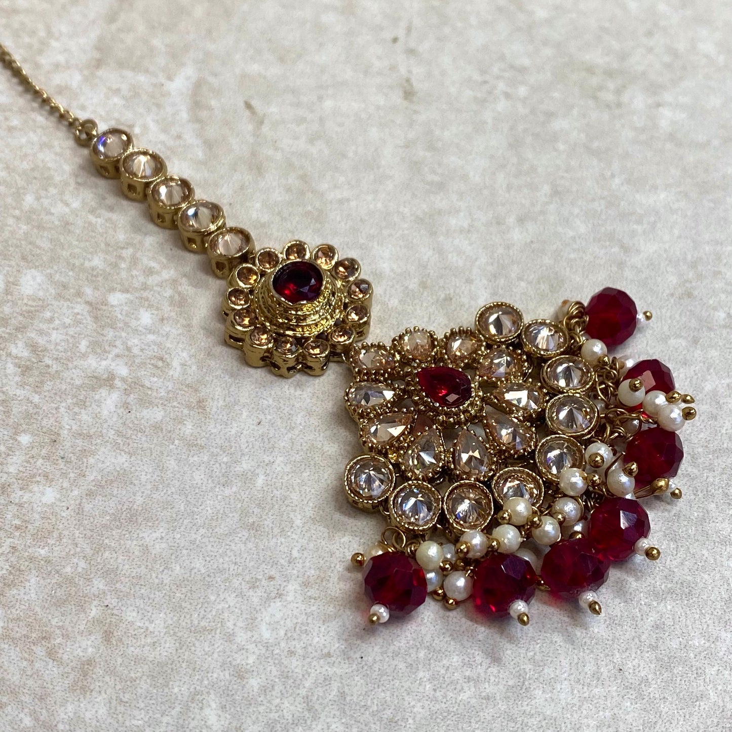 Maroon Antique Gold Champagne Zircon Crystal Pearl Maang Tikka Bindya Medium Size Indian Pakistani Bollywood Headpiece Fashion Jewellery