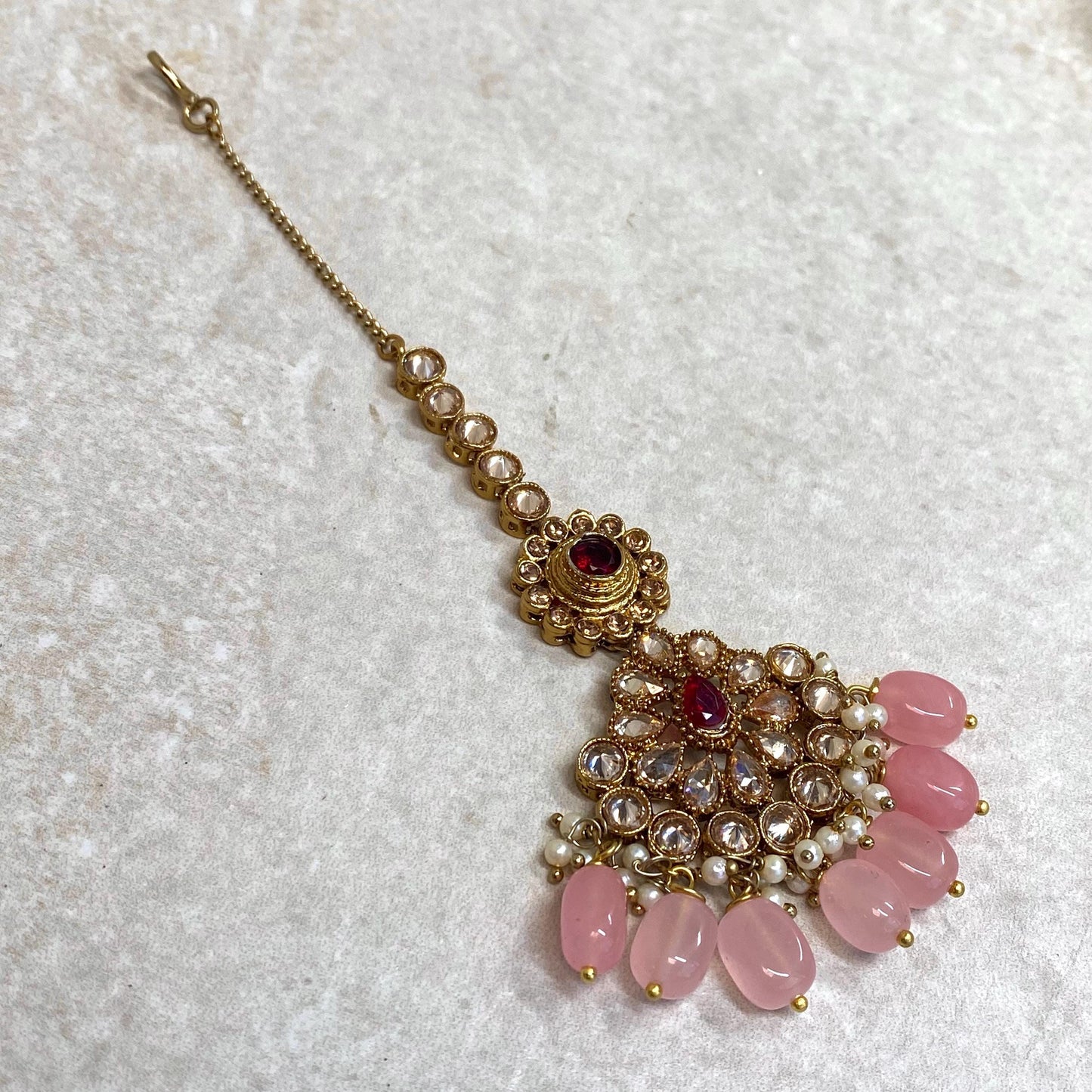 Maroon Pink Antique Gold Champagne Zircon Crystal Maang Tikka Bindya Medium Size Indian Pakistani Bollywood Headpiece Fashion Jewellery