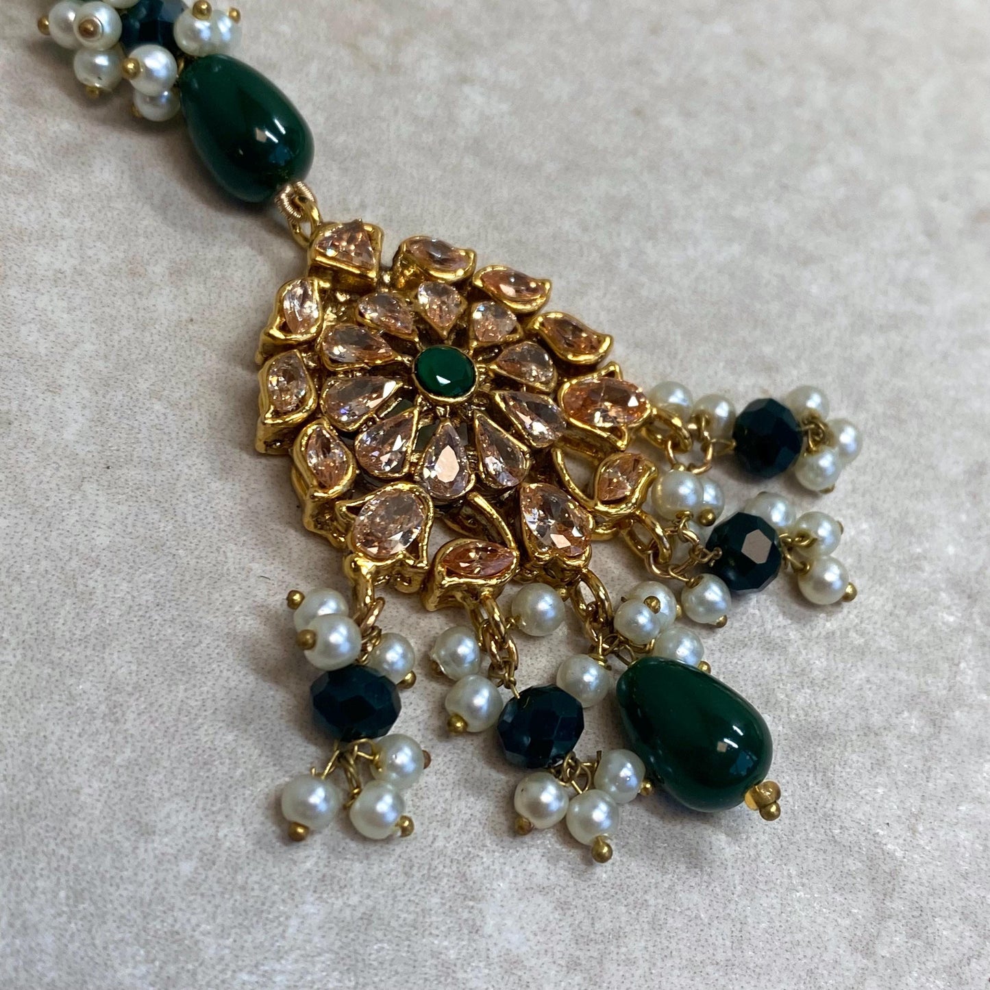 Green Gold Plated Champagne Zircon Crystal Maang Tikka Bindya Medium Size Indian Pakistani Bollywood Headpiece Fashion Jewellery