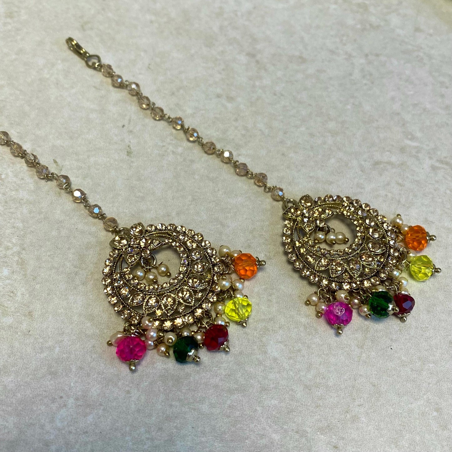 Multicolour Antique Gold Rhinestone Maang Tikka Bindya Indian Pakistani Bollywood Headpiece Mendhi Jewels Gift Fashion