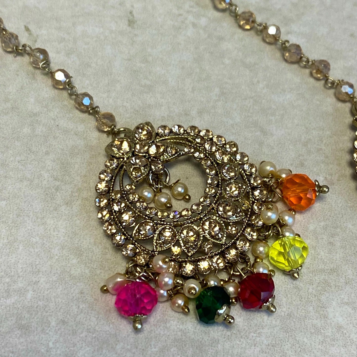Multicolour Antique Gold Rhinestone Maang Tikka Bindya Indian Pakistani Bollywood Headpiece Mendhi Jewels Gift Fashion
