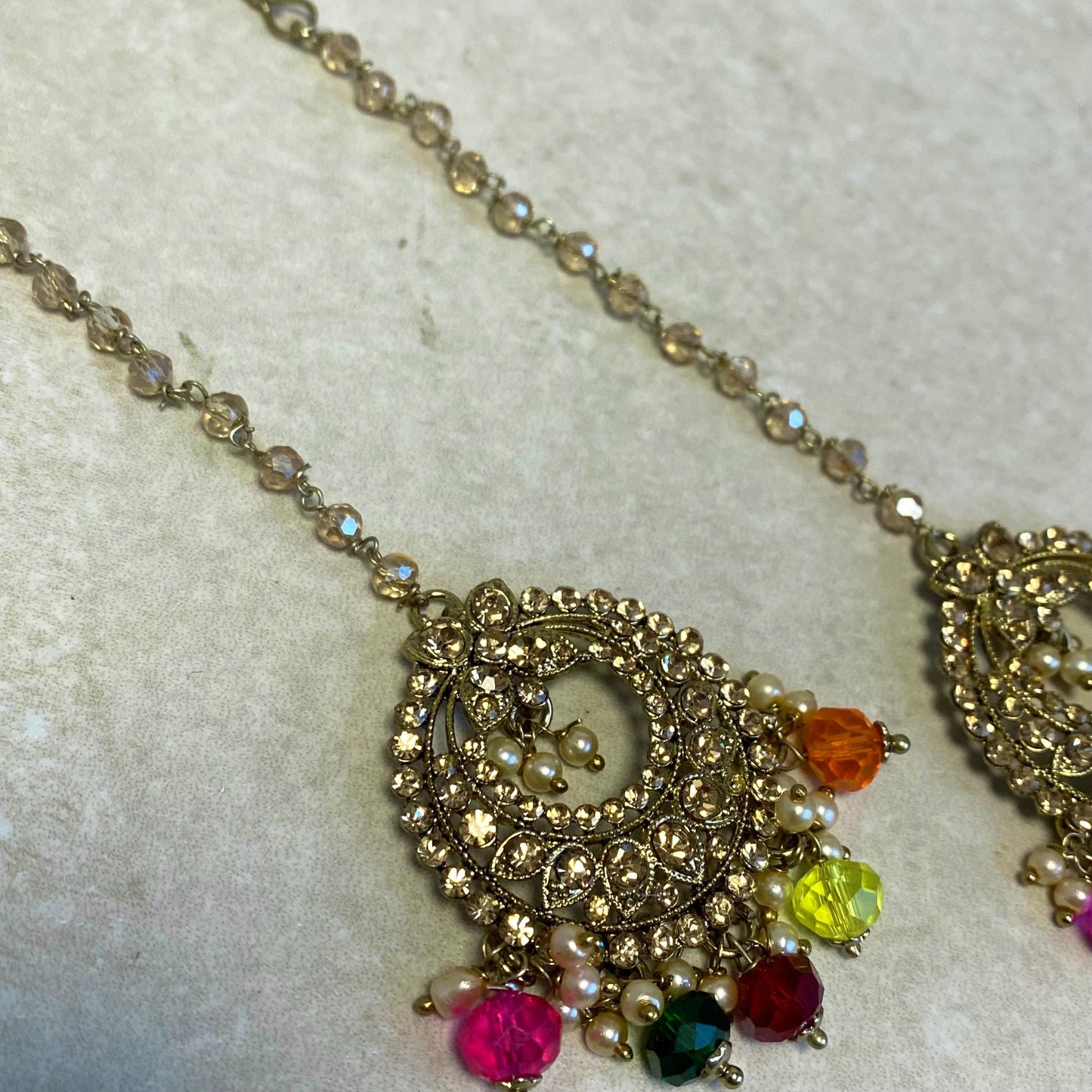 Multicolour Antique Gold Rhinestone Maang Tikka Bindya Indian Pakistani Bollywood Headpiece Mendhi Jewels Gift Fashion