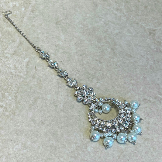 Silver pearl Rhinestone Maang Tikka Bindya Indian Pakistani Bollywood Headpiece Mendhi Jewels Gift Fashion