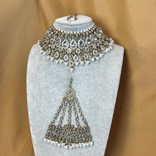 Bridal Clear Necklace Jhumar & Tikka - Antique Gold Base Clear Stonework/ White Bead Jewellery